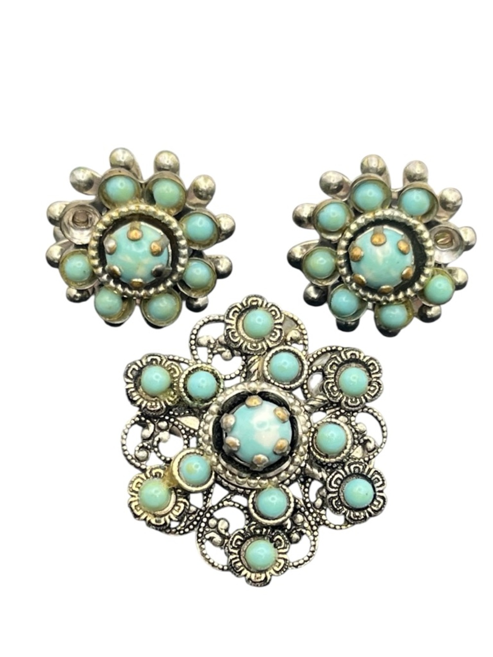 1950’s blue cabochon stones silver tone filigree brooch pin earrings set vintage